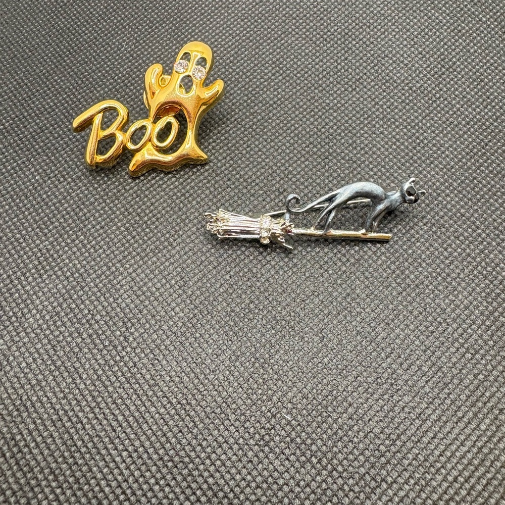 Gold Ghost and Silver Cat Brooch Set